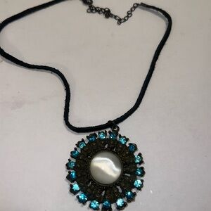 Sunburst‎ Medallion Necklace Blue Rhinestone Faux Pearl Choker